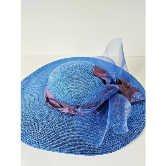 Vintage Georgi Sapphire Blue Straw Raffia Wide Brim Bow Accent Boater Derby Hat main image 9